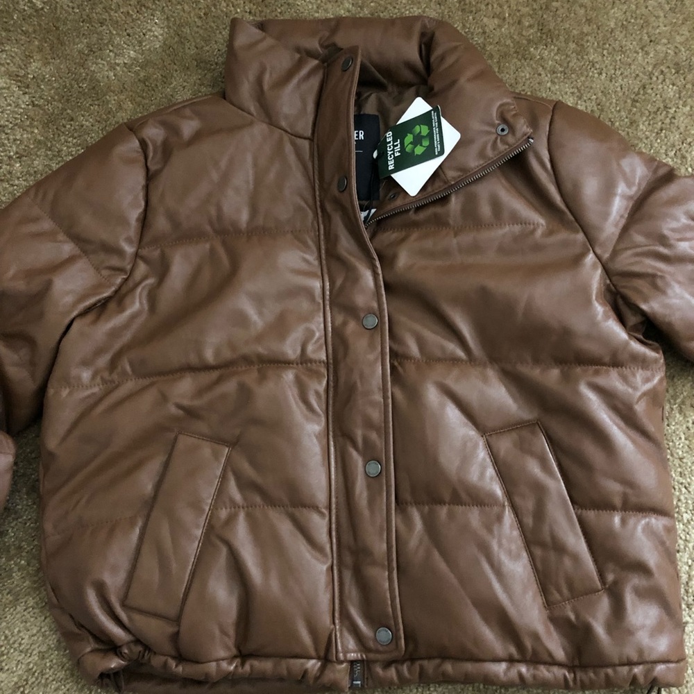 Hollister Brown Leather Puffer Jacket.